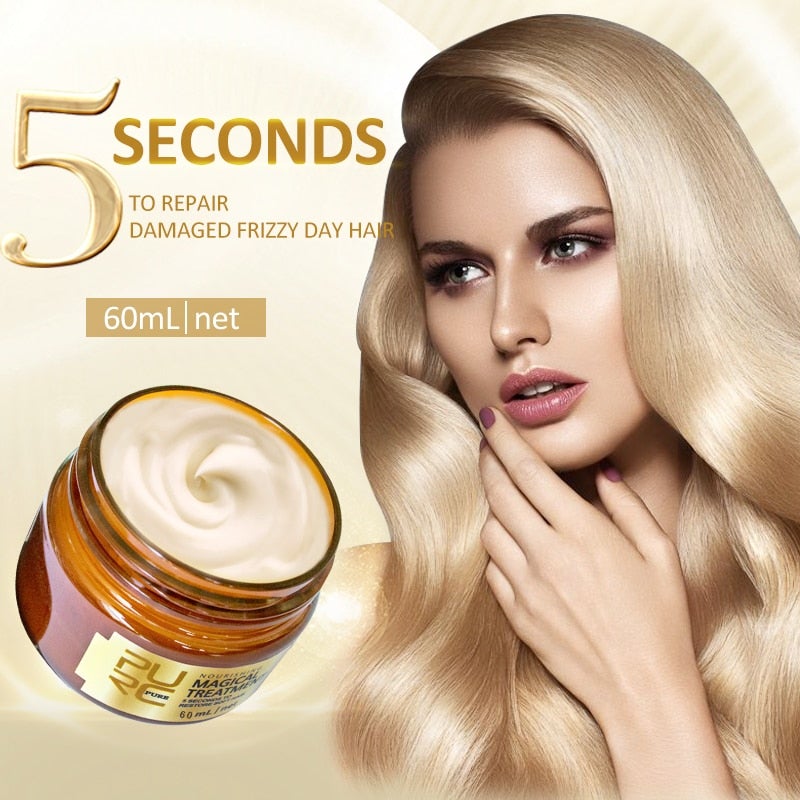 Magical Nourishing Keratin Hair Mask in jar with smooth creamy texture and woman with shiny blonde hair showing hair repair results