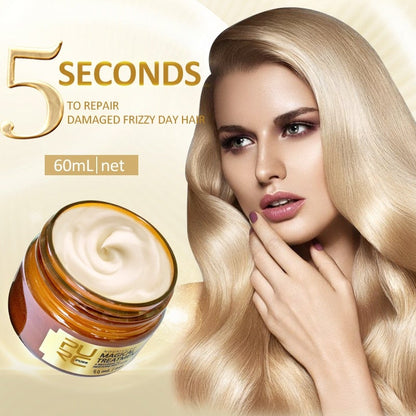 Magical Nourishing Keratin Hair Mask in jar with smooth creamy texture and woman with shiny blonde hair showing hair repair results