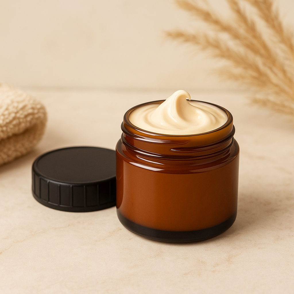 Jar of Magical Nourishing Keratin Hair Mask cream with open lid on a beige surface and soft background.