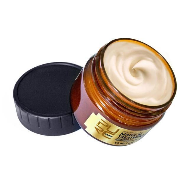 Jar of Magical Nourishing Keratin Hair Mask with creamy texture and black lid on white background